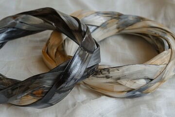 Two Black and White Braided Bracelets on a Bed. Generative AI