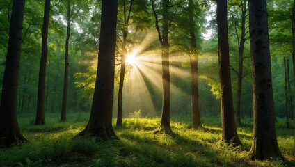 Obraz premium shows a dense forest with green plants and trees