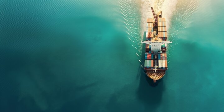 A stunning aerial perspective of a large cargo ship loaded with colorful containers traversing the serene blue ocean