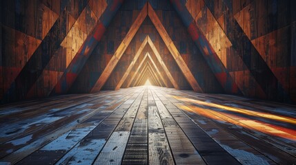 The image shows a dark wooden tunnel with a bright light at the end - Powered by Adobe