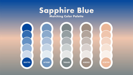 Set of Sapphire Blue Color Palette Combination in RGB Hex. Matching color palette guide swatch catalog collection with RGB HEX color combinations. Sapphire blue is a rich and vibrant color that can be
