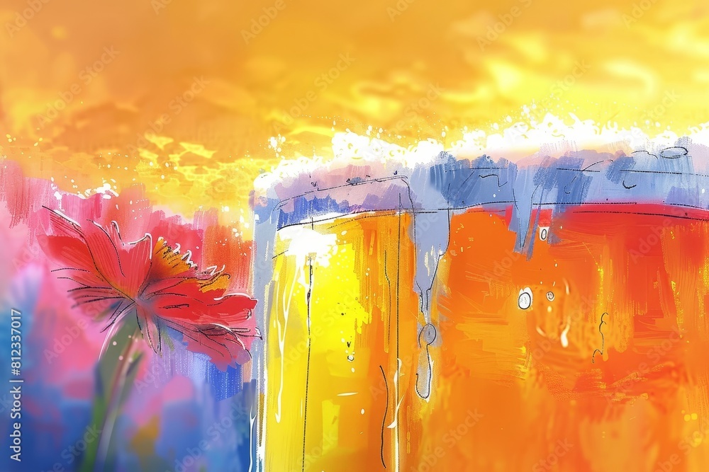 Wall mural Glass of Beer With Flower Painting. Generative AI