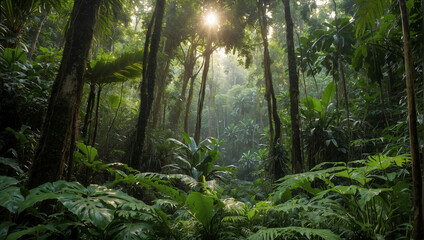  jungle with many different types of plants and trees