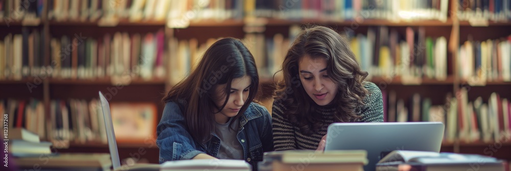 Canvas Prints Two focused young women using laptops for studying in a library with shelves filled with books