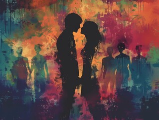 Digital illustration of a romantic moment between two figures surrounded by eerie zombie silhouettes in an abstract style. - obrazy, fototapety, plakaty