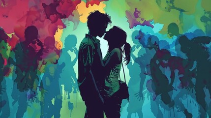Digital art of a romantic moment amidst a world filled with zombies, capturing the essence of love in a modern abstract style. - obrazy, fototapety, plakaty