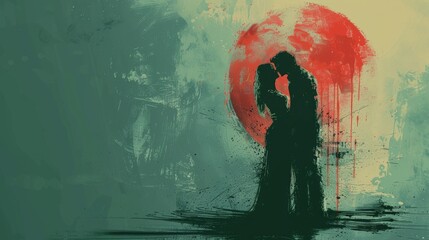 Abstract illustration of a romantic scene with a zombie twist, using minimalist elements to evoke a sense of intimacy and danger. - obrazy, fototapety, plakaty