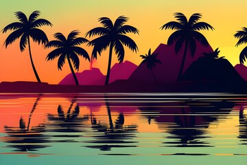 Dark palm trees silhouettes on colorful tropical ocean sunset background, vector illustration
