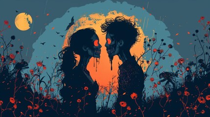 Abstract illustration of a romantic scene with a zombie twist, using minimalist elements to evoke a sense of intimacy and danger. - obrazy, fototapety, plakaty