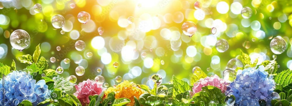 Poster glowing lights particle and bubbles bokeh background, shiny glamour bubble particle isolated in glow