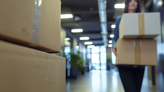 Close-up of a person delivering boxes in an office setting
