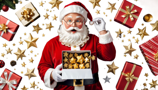 night opening golden claus present stars santa christmas gift open magic light box blue gold sparkle surprise dream background eve merry new year shiny bokeh banner glow shine fantasy holiday package