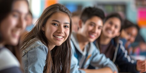 Group of cheerful students enjoying a fun moment in a high school classroom