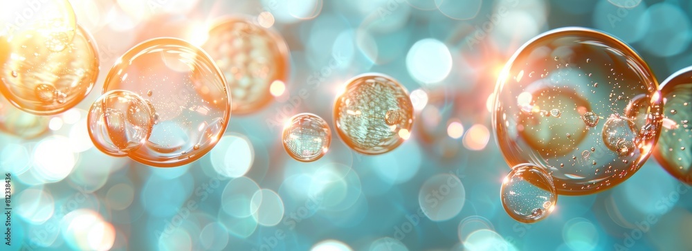 Poster glowing lights particle and bubbles bokeh background, shiny glamour bubble particle isolated in glow