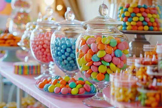 Candy buffet with jars of colorful sweets, birthday themed background