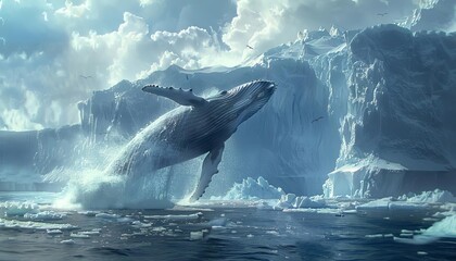 Imagine a pod of humpback whales breaching near an Arctic glacier, their massive forms contrasting with the icy backdrop