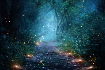 Enchanted forest pathway illuminated by fireflies