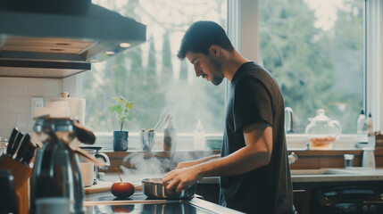 A man with a focus cooks enthusiastically in a minimalist home kitchen. Ai generated Images