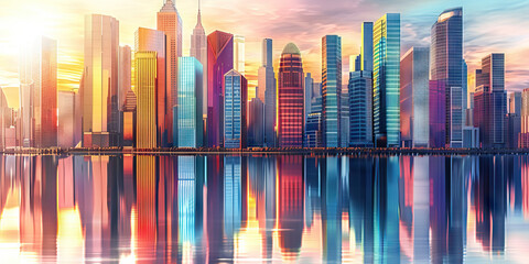 Electric Eclectic Cityscape: A vibrant skyline of skyscrapers in a variety of colors and architectural styles stands out against the backdrop of a sunset. The buildings reach up towards the sky