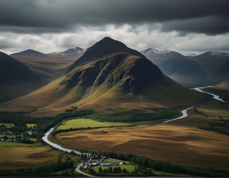 Aerial View of Glencoe and the Mountains Surrounding The Small Town in Scotland.