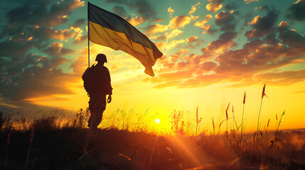A soldier stands enjoying the sunrise with the Ukrainian flag flying next to him. National holiday, flag day, veterans day, memorial day, independence day, patriot day concept. - Powered by Adobe