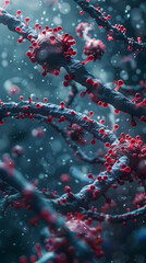 3D Render of Coronavirus Mutation on Frozen Twig with Berries in Minimalist Winter Scene