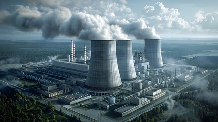 Obraz premium Aerial View of a Large-Scale Nuclear Power Plant with Towering Cooling Towers and Extensive Infrastructure,Conveying the Scale and Scope of Nuclear