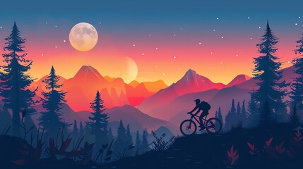 Moonlight mountain biking flat design front view adventure sports theme cartoon drawing Colored...