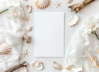 Obraz premium Summer time concept with blank greeting card and blank white paper on colored background. Seashells from ocean shore in the shape of frame separated with space for text top view