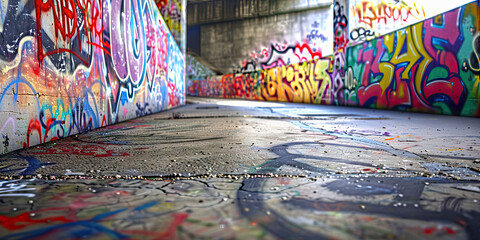 Naklejka premium Urban Canvas: A sweeping panorama of graffiti covered concrete walls, showcasing the colorful and ever-evolving artwork that adorns the city's alleyways and underpasses