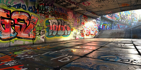 Obraz premium Urban Canvas: A sweeping panorama of graffiti covered concrete walls, showcasing the colorful and ever-evolving artwork that adorns the city's alleyways and underpasses