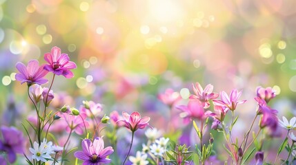 Blurred background featuring spring flowers in an abstract landscape