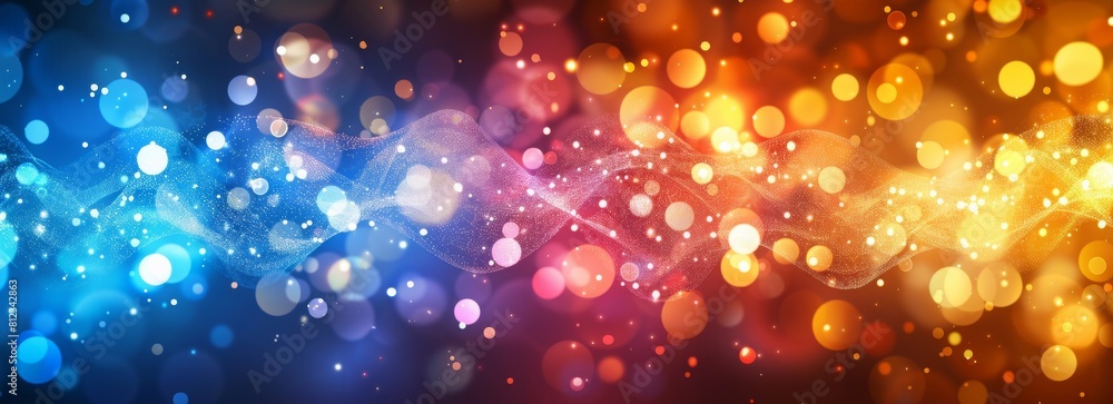 Poster glowing particle dots with colorful dots in abstract background, concept of light shining sparkling 