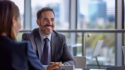Fototapeta premium A smiling businessman in his thirties, wearing suit and tie sits at a table next to a businesswoman giving a presentation inside a modern office large windows overlooking a cityscape. generative AI