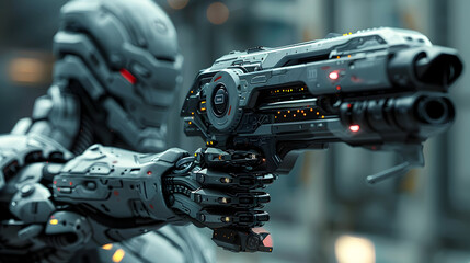 Fototapeta premium Futuristic Weaponry Dominates the Dystopian Urban Warfare of Tomorrow's Cybernetically-Enhanced Combatants