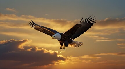 Eagle soars with outstretched wings in golden hour light.generative.ai