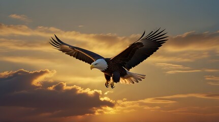 Fototapeta premium Eagle soars with outstretched wings in golden hour light.generative.ai