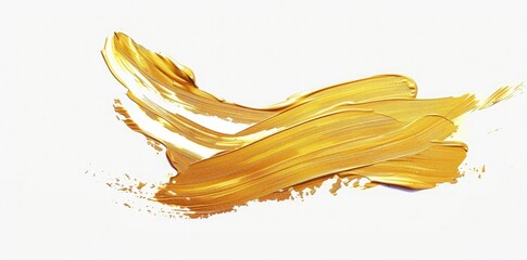 Abstract golden oil paint brush stroke on white background, gold color,