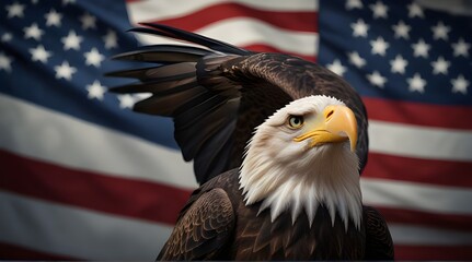 flying bald eagle on american flag freedom and indepensday.generative.ai