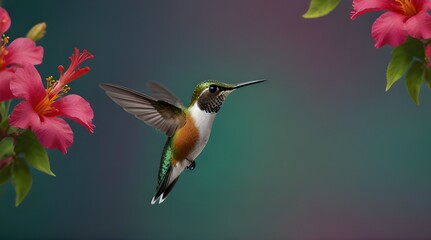 Fototapeta premium Flying hummingbird web banner National Hummin bird Day.generative.ai