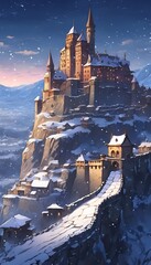 Medieval Fantasy Castle in the Snowy Blue Night Sky Anime Fantasy Style Illustration Vertical Wallpaper