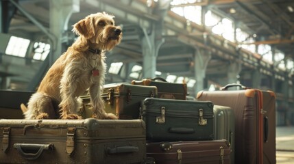 Alert dog sitting atop suitcases in a bustling train station during daylight hours.