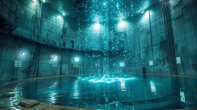 A large, circular pool of water is lit up with lights