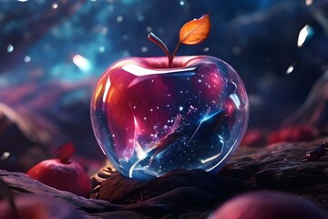 Explore the depths of the universe within the crystal apple, as vibrant stars and galaxies swirl in 8K Ultra HD resolution.