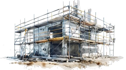 Meticulous Construction Site with Erect Scaffolding,Foundation Piling,and Precision Asphalt Paving in Cinematic 3D Render - obrazy, fototapety, plakaty