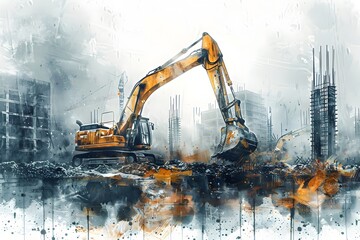 Meticulous Surveying and Earthmoving Machinery Sculpting the Landscape in a Cinematic Watercolor Cityscape - obrazy, fototapety, plakaty