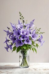 a bouquet of freshly picked campanula flowers arranged in a glass vase on a white tabletop - obrazy, fototapety, plakaty