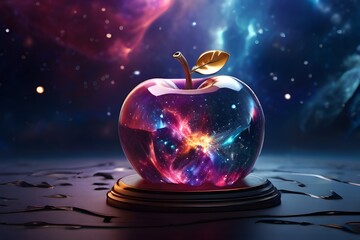 Explore the depths of the universe within the crystal apple, as vibrant stars and galaxies swirl in 8K Ultra HD resolution.