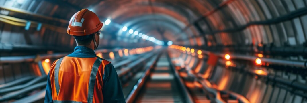 A construction worker in high visibility gear inspecting a well-lit subway tunnel