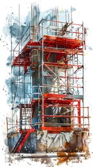 Meticulously Crafted Watercolor of Structural Scaffolding and Formwork Systems in a Cinematic 3D Rendered Scene - obrazy, fototapety, plakaty